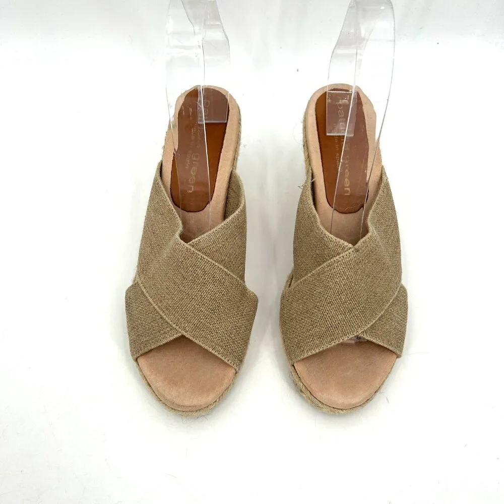 PATRICIA GREEN Tan Nude Canvas Open Toed Espadrille Wedges Shoes Size 6